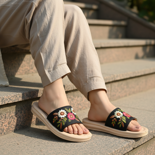 Floral Embroidered Slide Black