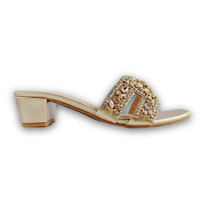 Jeweled Emblem Block-Heel Slide - HB 924
