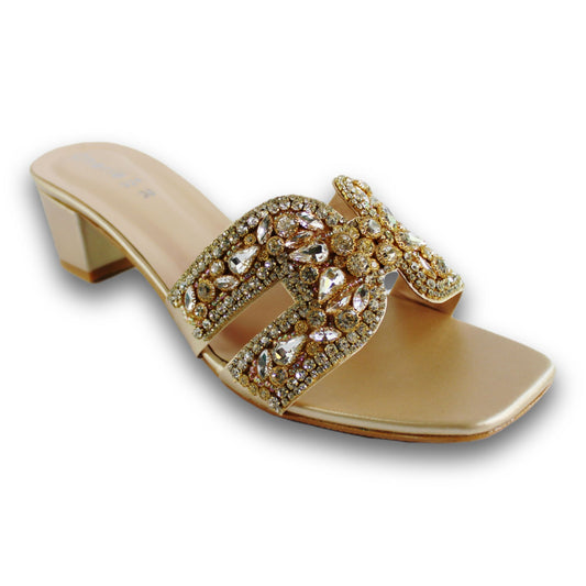 Jeweled Emblem Block-Heel Slide - HB 924