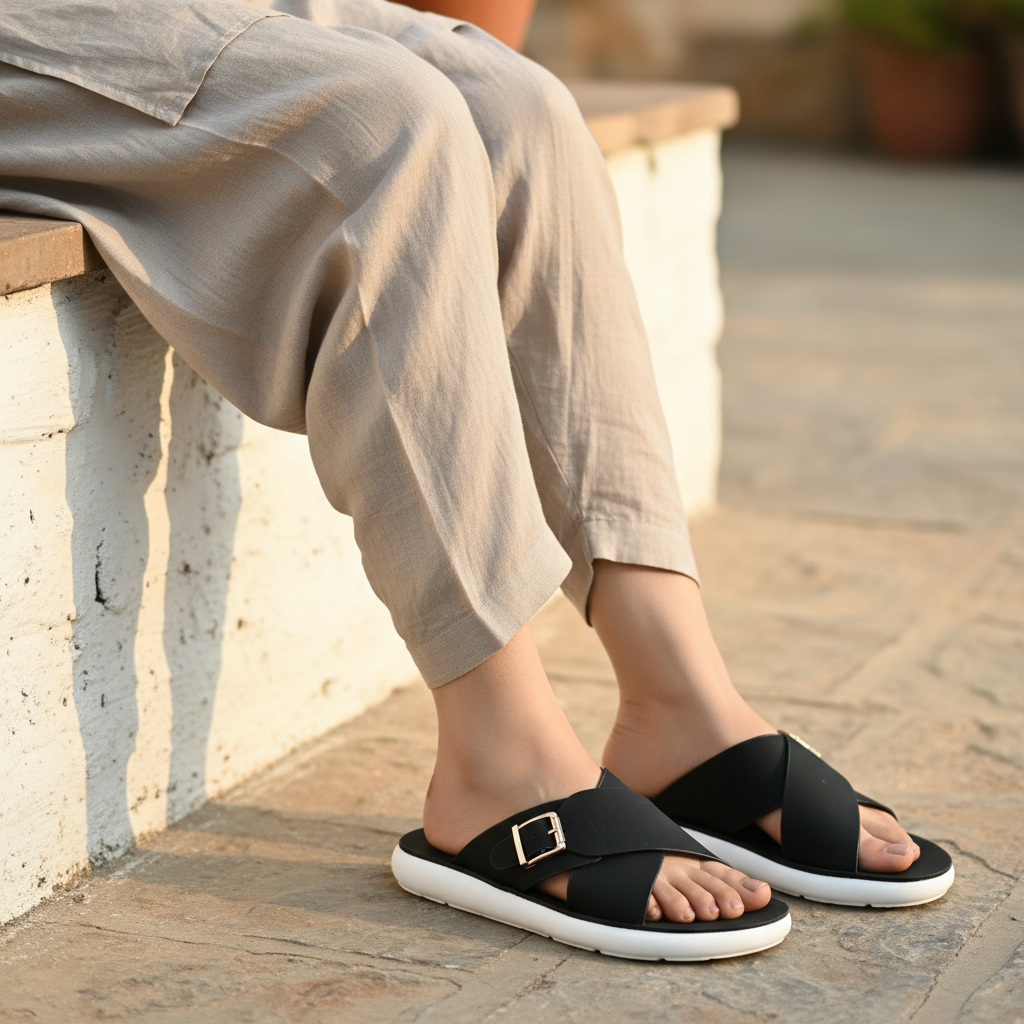 Black cross-strap buckle slide on model 2