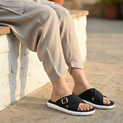 Black cross-strap buckle slide on model 2