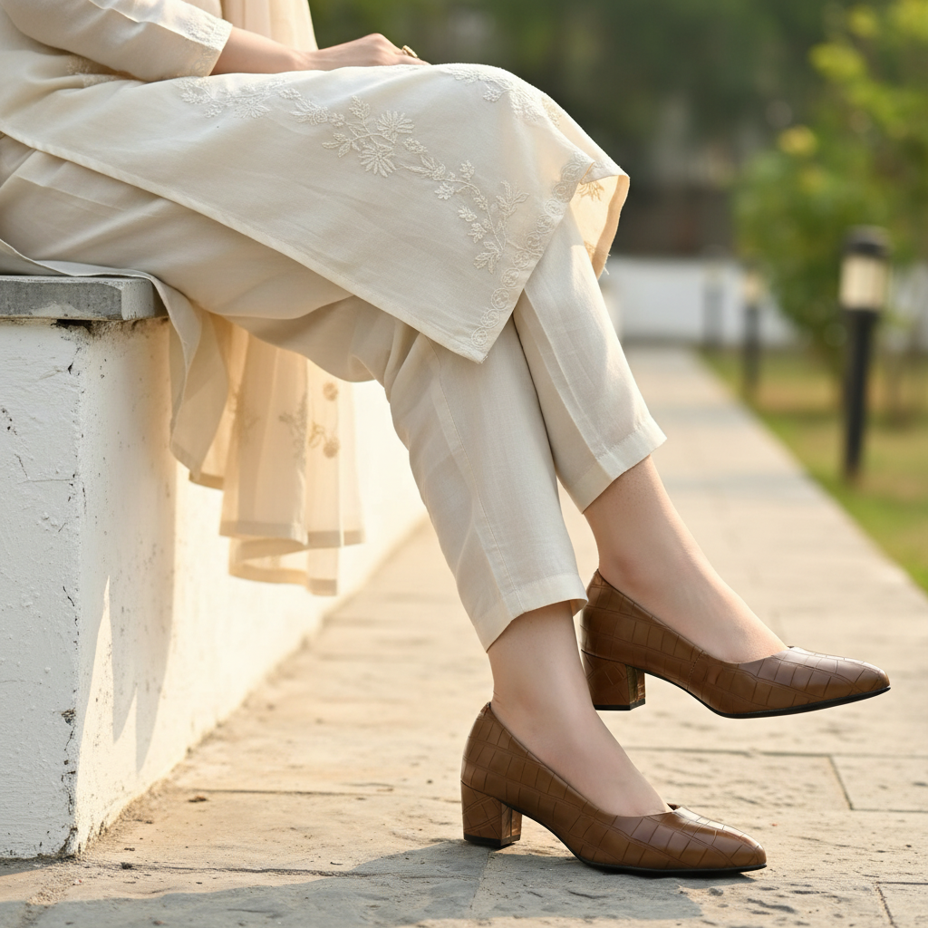 Croc-embossed block-heel pump lifestyle shot