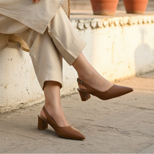 Fancy Slingback Block Heel Brown