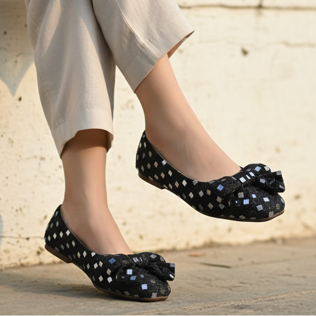 Glitter Bow Ballet Flat Black