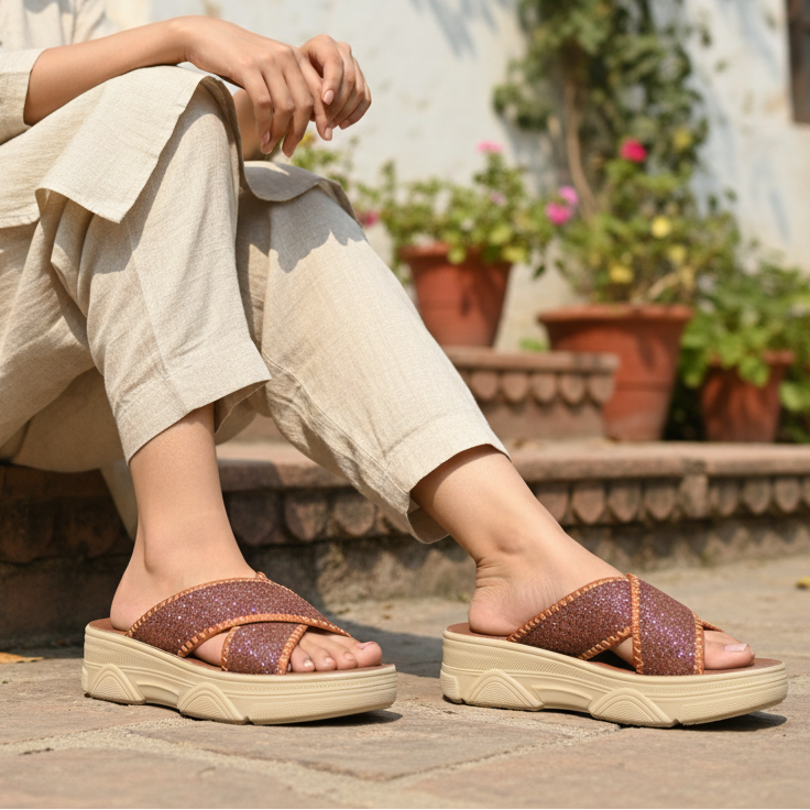 Glitter Platform Slide Brown