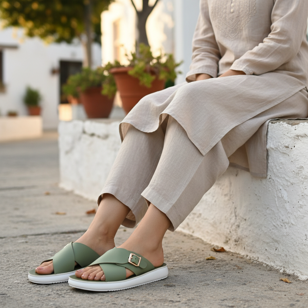 Green cross-strap buckle slide on model 4