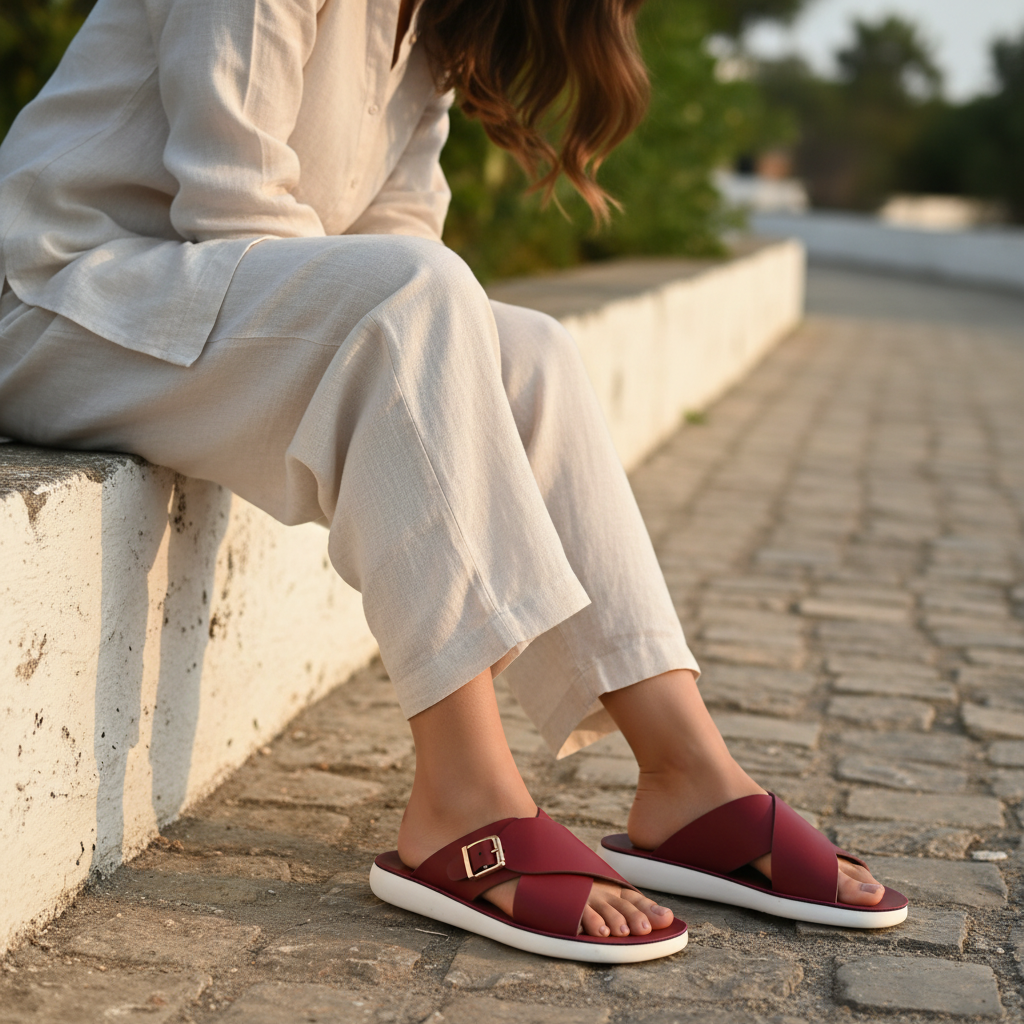 Maroon cross-strap buckle slide on model 1