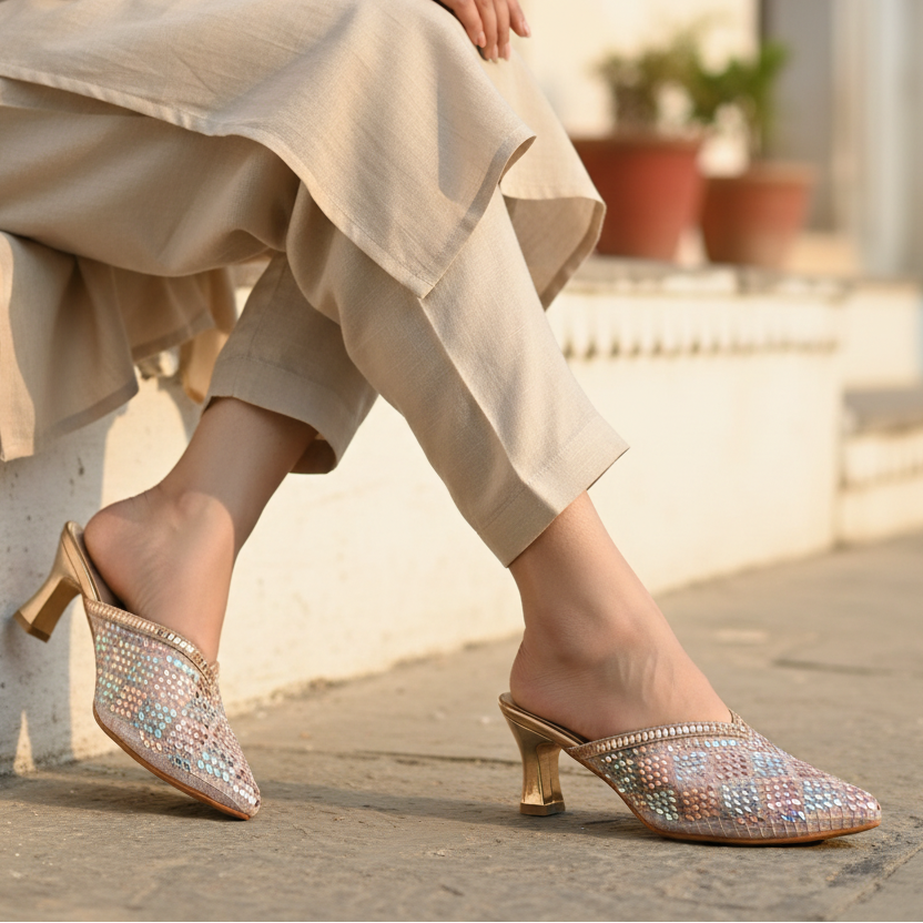 Textured Embellishment Heel Pink